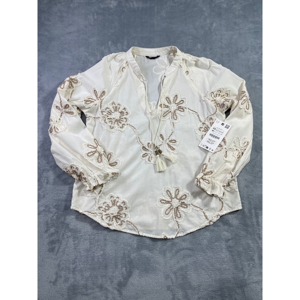 Zara Womens Embroidered Floral Tassel Blouse Cream Tan XS 8741/038/712